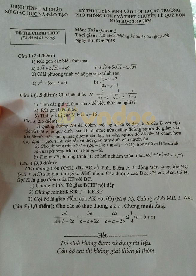 Đáp án đề thi vào lớp 10 môn Toán tỉnh Lai Châu năm 2019