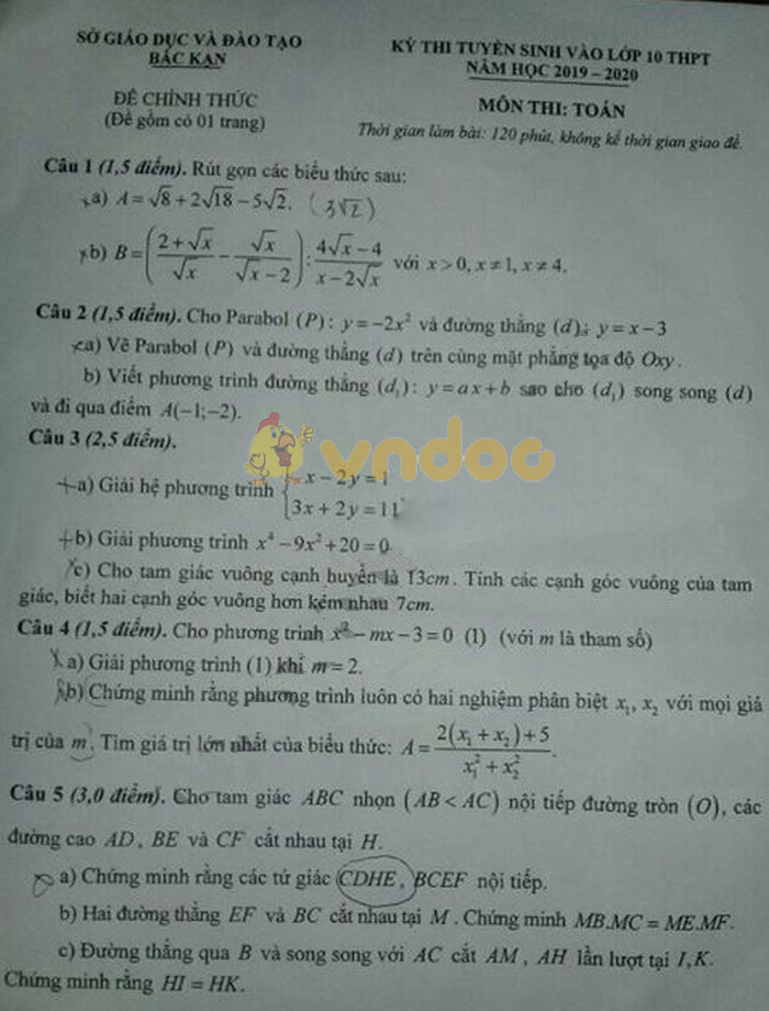 Đáp án đề thi vào lớp 10 môn Toán tỉnh Bắc Kạn năm 2019