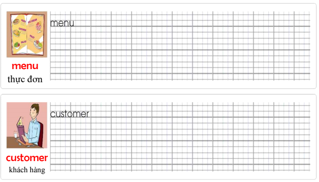 Tập viết Tiếng Anh lớp 5 Unit 3 The food here is great