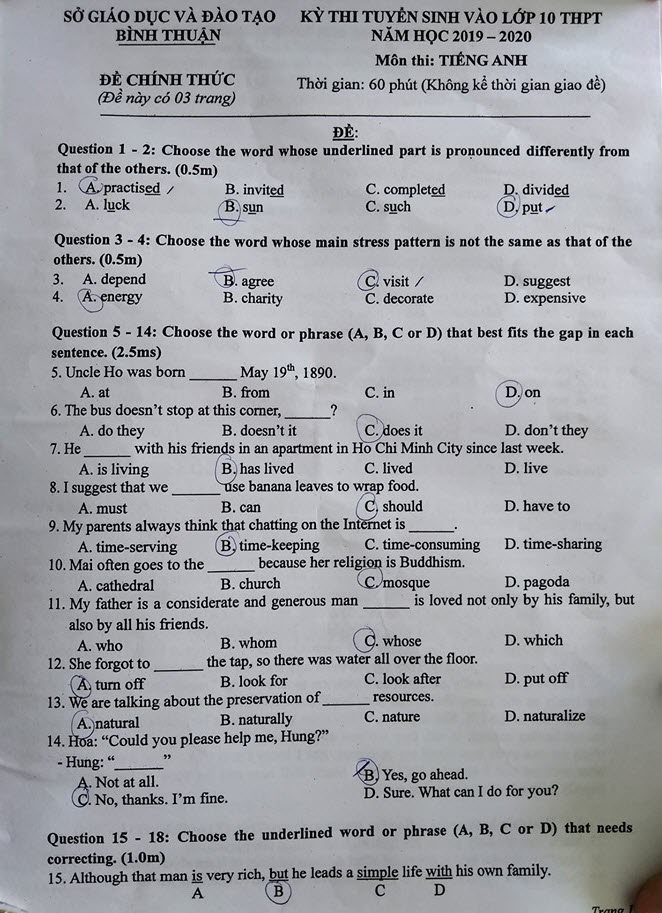 Đáp án đề thi vào lớp 10 môn Tiếng Anh Sở GD&ĐT Bình Thuận năm 2019
