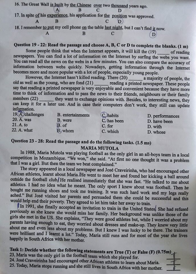 Đáp án đề thi vào lớp 10 môn Tiếng Anh Sở GD&ĐT Bình Thuận năm 2019