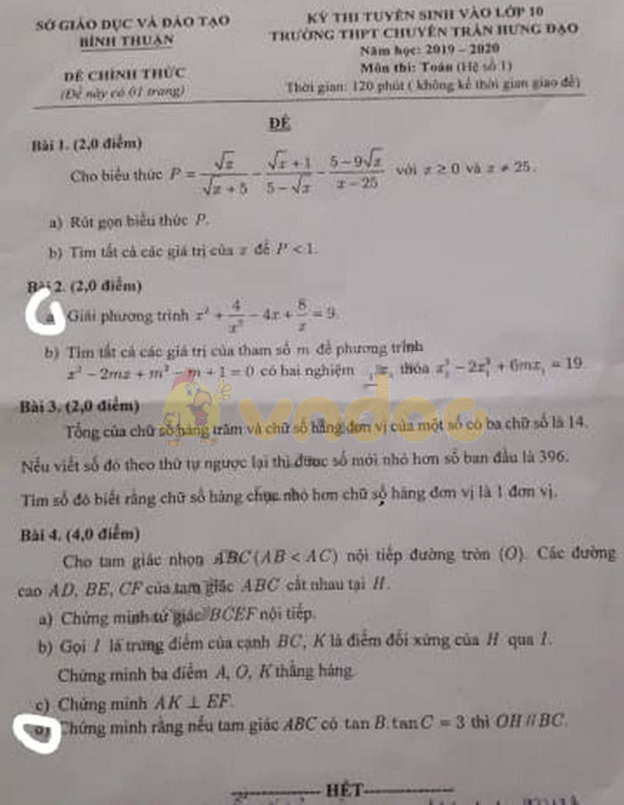 Đề thi vào lớp 10 môn Toán 2019 Chuyên Trần Hưng Đạo - Bình Thuận (Hệ số 1)