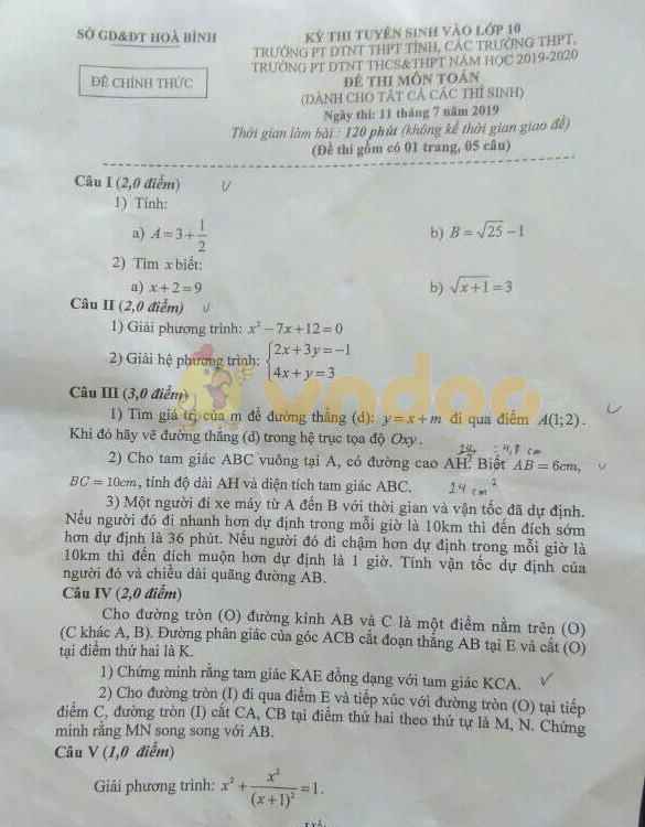 Đáp án đề thi vào lớp 10 môn Toán các trường PTDTNT Hòa Bình năm 2019