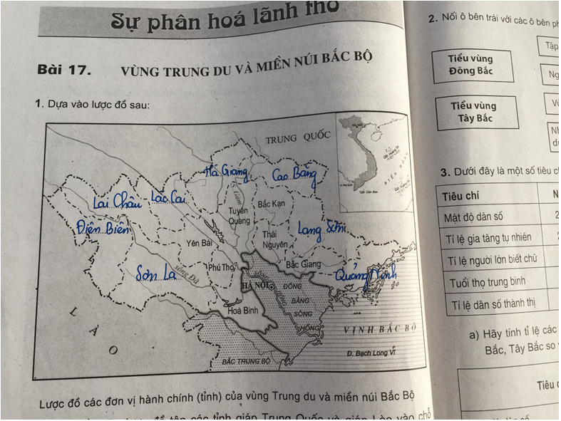 Giải VBT Địa Lý lớp 9 bài 17: Vùng Trung du và miền núi Bắc Bộ