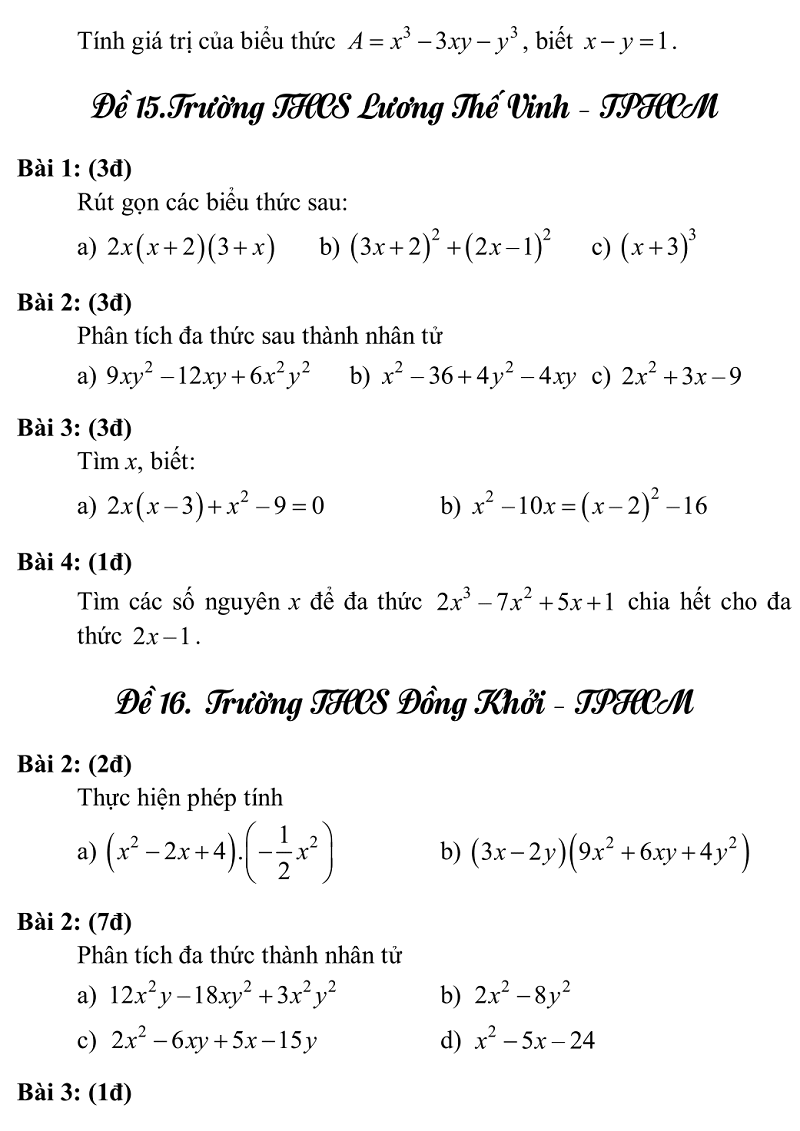 Bộ đề ôn thi học kì 1 lớp 8 môn Toán