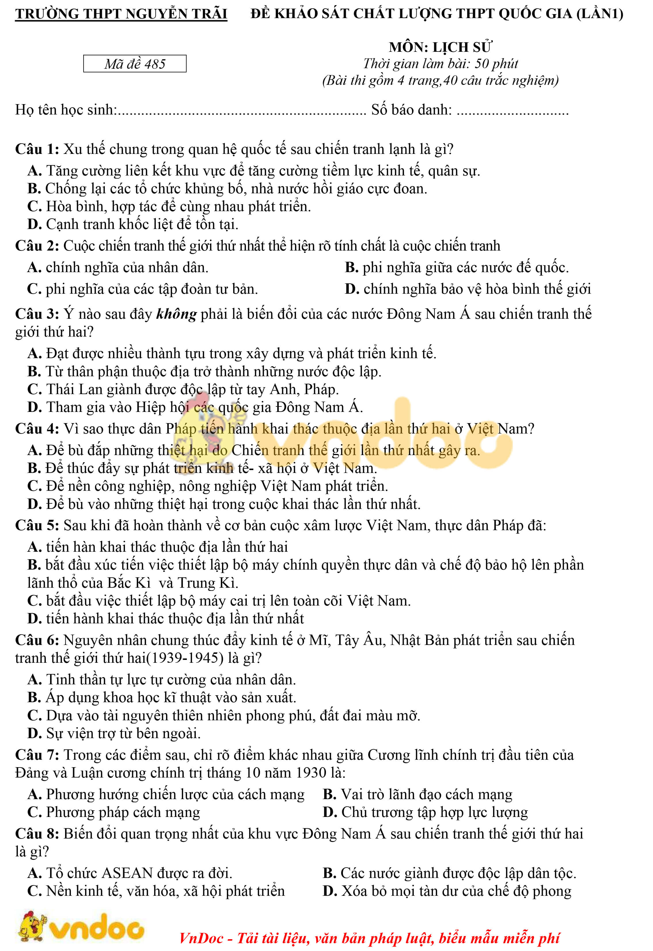 Đề thi thử THPT Quốc Gia môn Lịch sử năm 2020