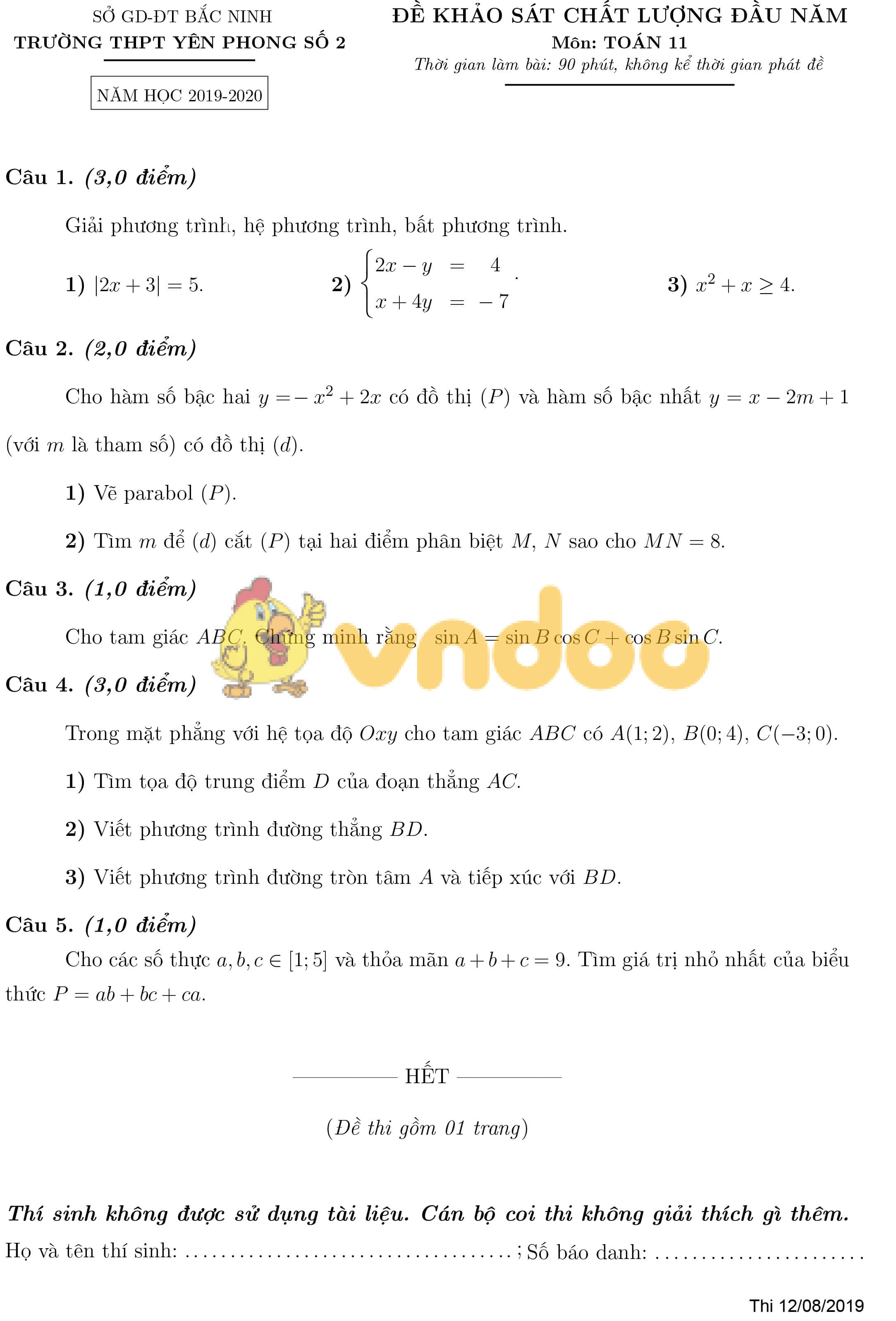 Đề khảo sát chất lượng đầu năm lớp 11 môn Toán năm 2019 - 2020 trường THPT Yên Phong 2 - Bắc Ninh