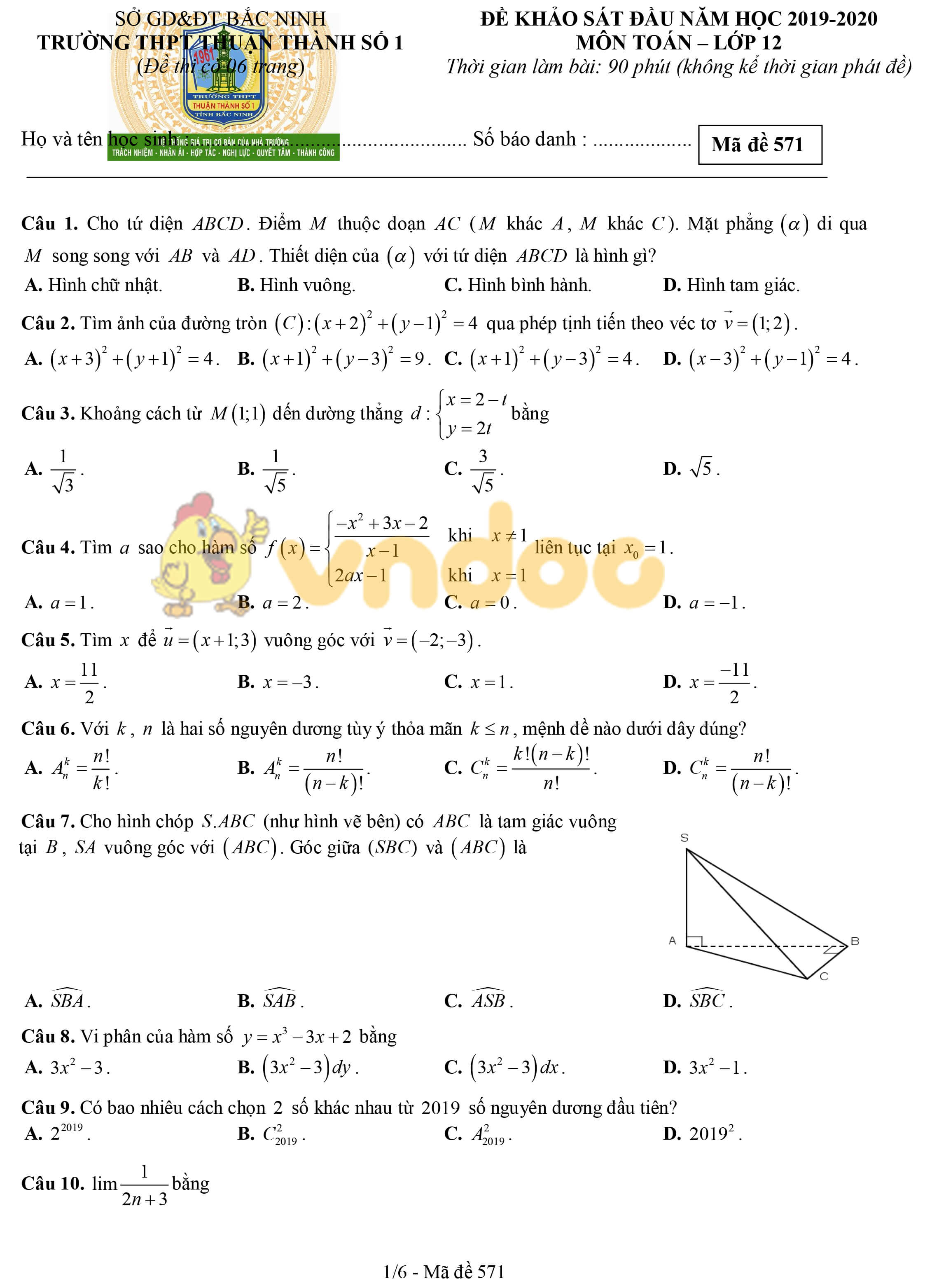 Đề khảo sát chất lượng đầu năm lớp 12 môn Toán năm 2019 - 2020 trường THPT Thuận Thành 1 - Bắc Ninh