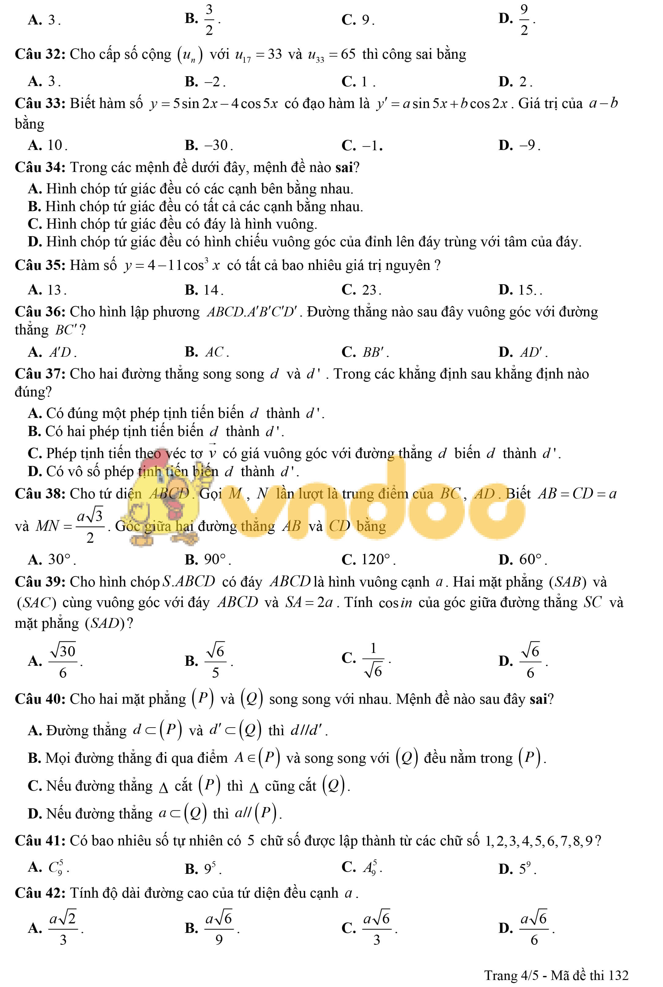 Đề khảo sát chất lượng đầu năm lớp 12 môn Toán năm 2019 - 2020 trường THPT Yên Phong 2 - Bắc Ninh