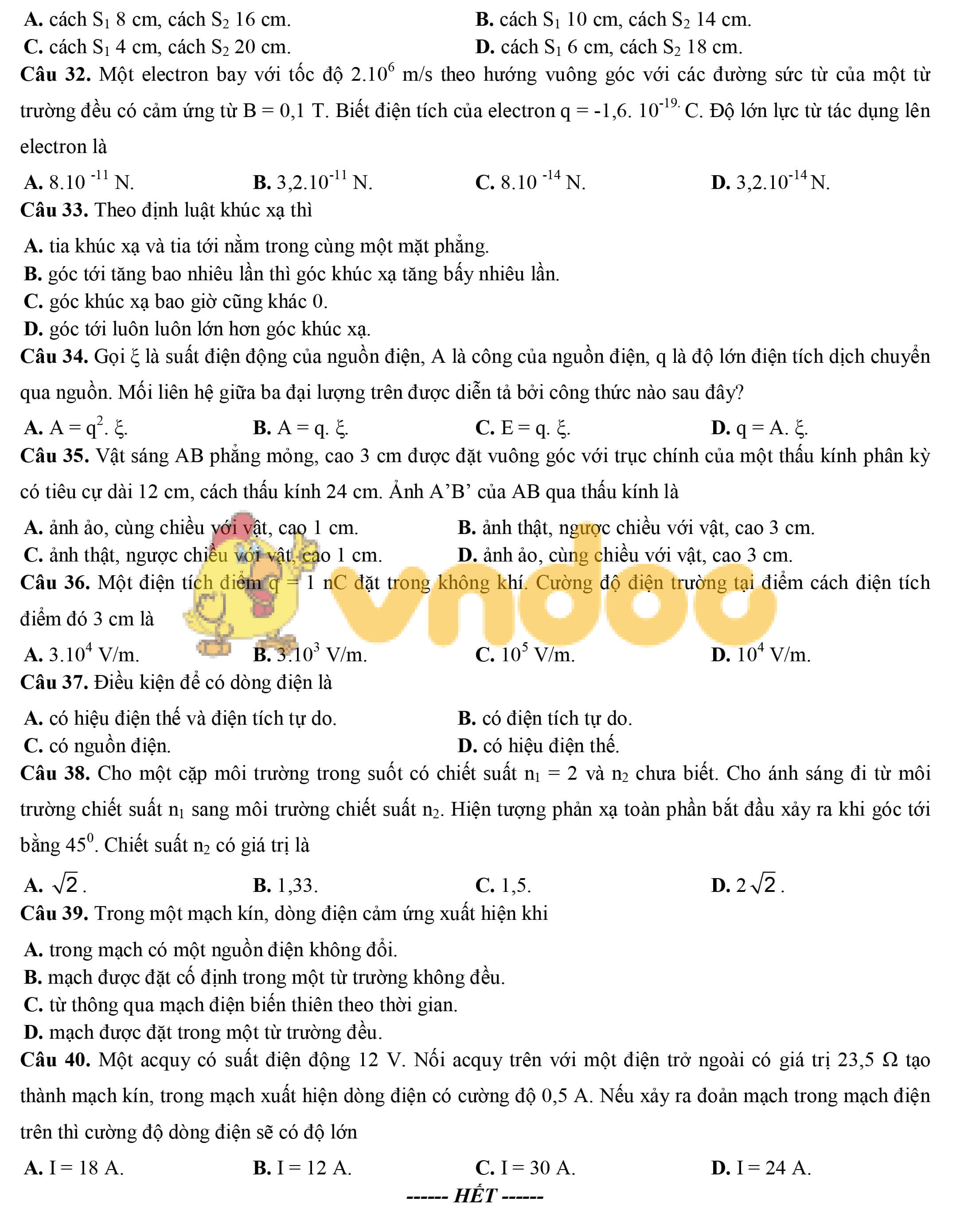 Đề khảo sát chất lượng đầu năm lớp 12 môn Vật lý năm 2019 - 2020 trường THPT Thuận Thành 1 - Bắc Ninh