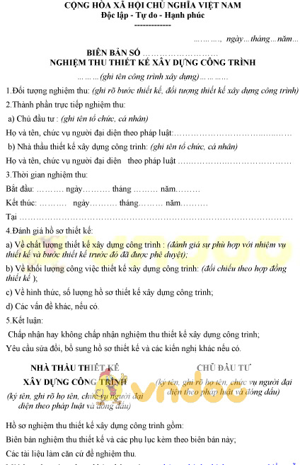 Mẫu biên bản nghiệm thu thiết kế xây dựng công trình