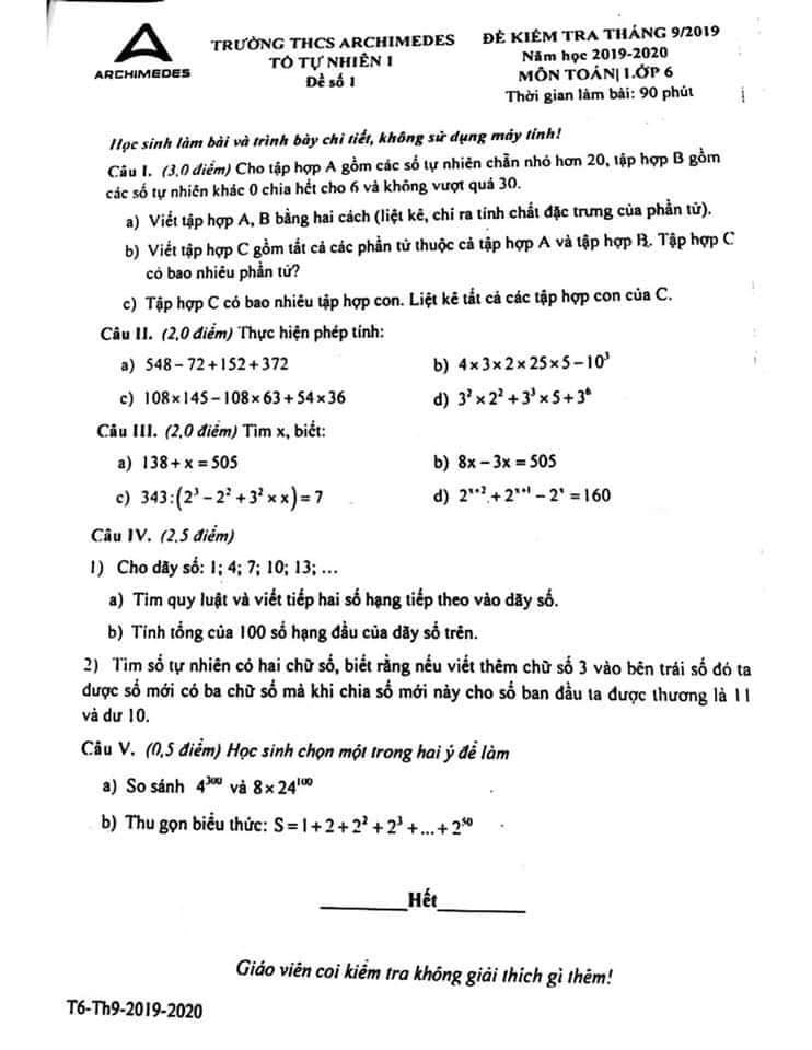 Đề kiểm tra môn Toán lớp 6