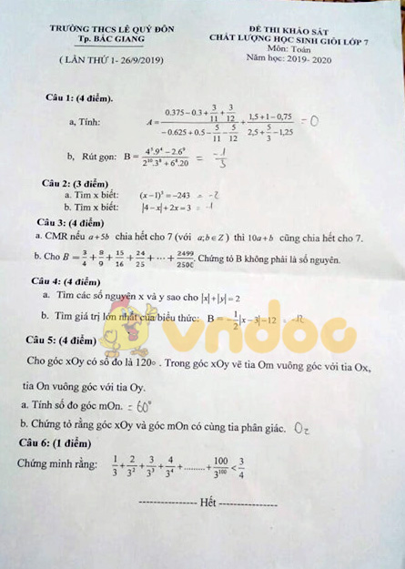 Đề thi chọn học sinh giỏi môn Toán lớp 7 năm 2019