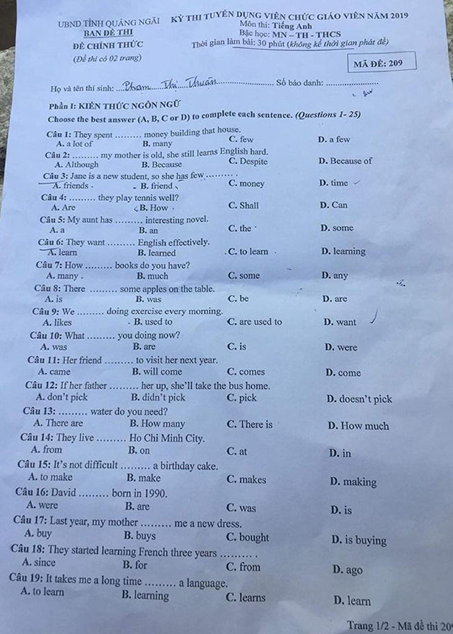 Đề thi viên chức quảng ngãi 2019