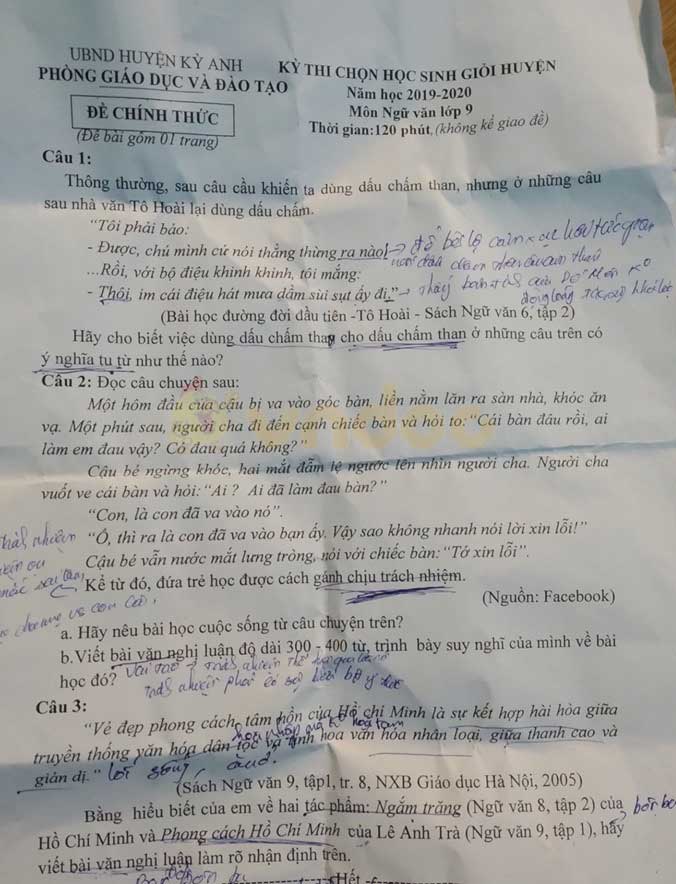 Đề thi chọn học sinh giỏi cấp huyện lớp 9 môn Ngữ văn Phòng GD&ĐT Kỳ Anh, Hà Tĩnh năm học 2019 - 2020