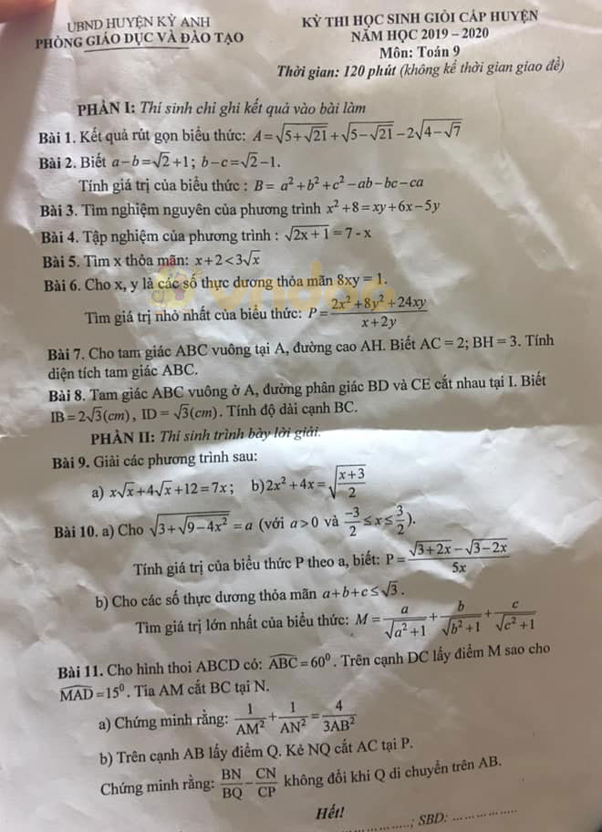 Đề thi chọn học sinh giỏi cấp huyện lớp 9 môn Toán Phòng GD&ĐT Kỳ Anh, Hà Tĩnh năm học 2019 - 2020