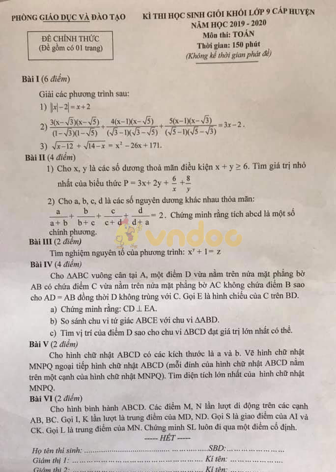 Đề thi chọn học sinh giỏi cấp huyện lớp 9 môn Toán Phòng GD&ĐT Đông Anh năm học 2019 - 2020