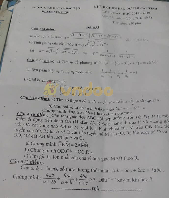 Đề thi chọn học sinh giỏi dự thi cấp tỉnh lớp 9 môn Toán Phòng GD&ĐT huyện Yên Định năm học 2019 - 2020 (Vòng 2)