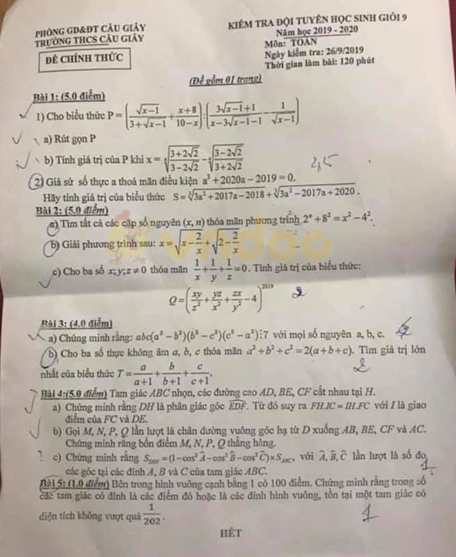 Đề thi chọn học sinh giỏi lớp 9 môn Toán trường THCS Cầu Giấy năm học 2019 - 2020