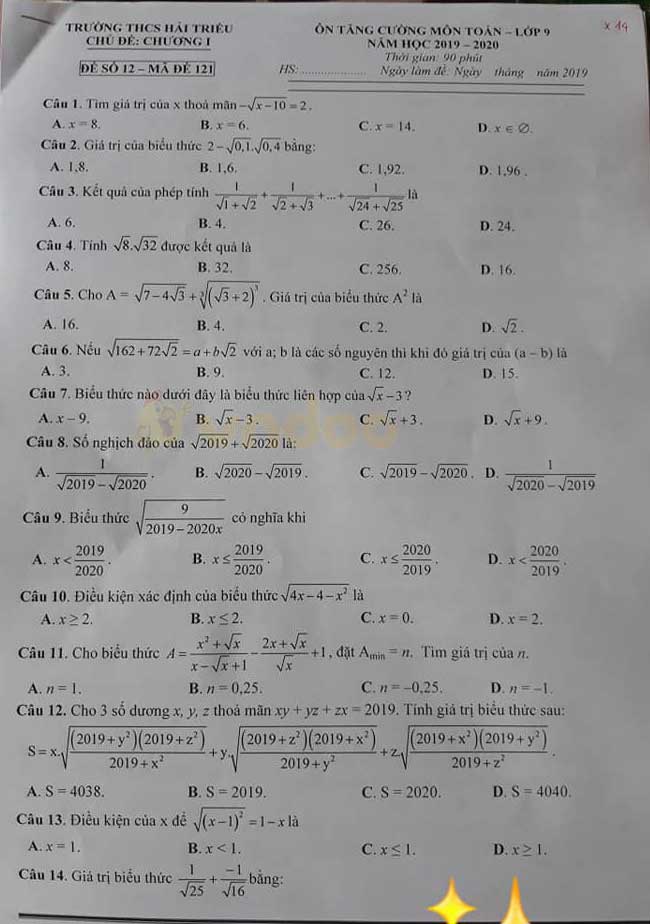 Đề cương ôn tập lớp 9 môn Toán trường THCS Hải Triều năm học 2019 - 2020