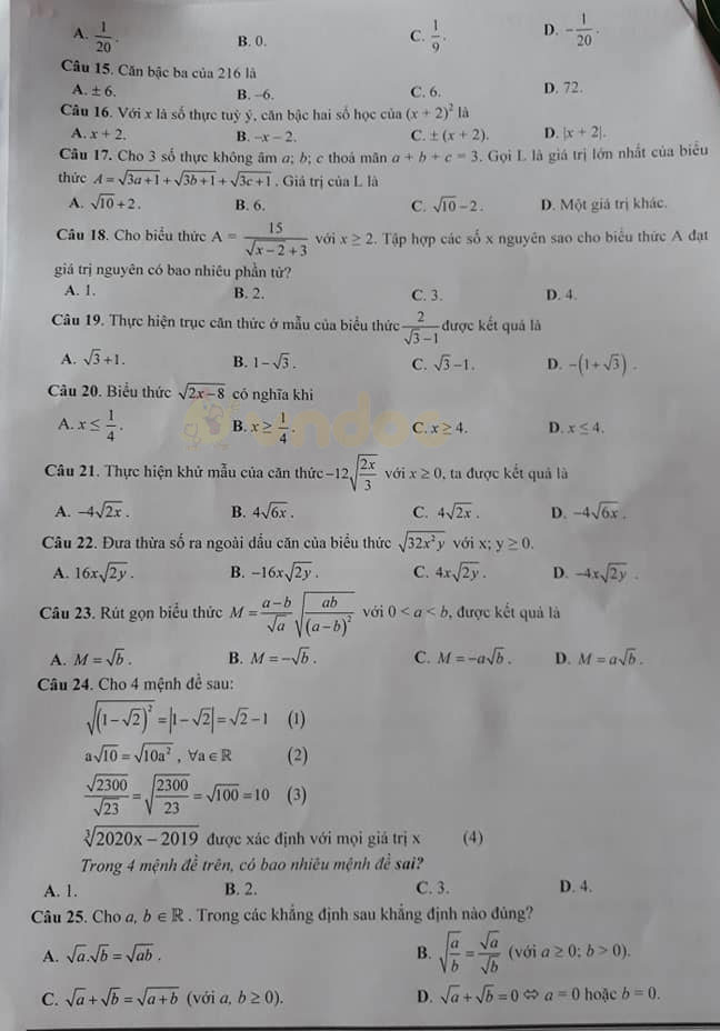 Đề cương ôn tập lớp 9 môn Toán trường THCS Hải Triều năm học 2019 - 2020