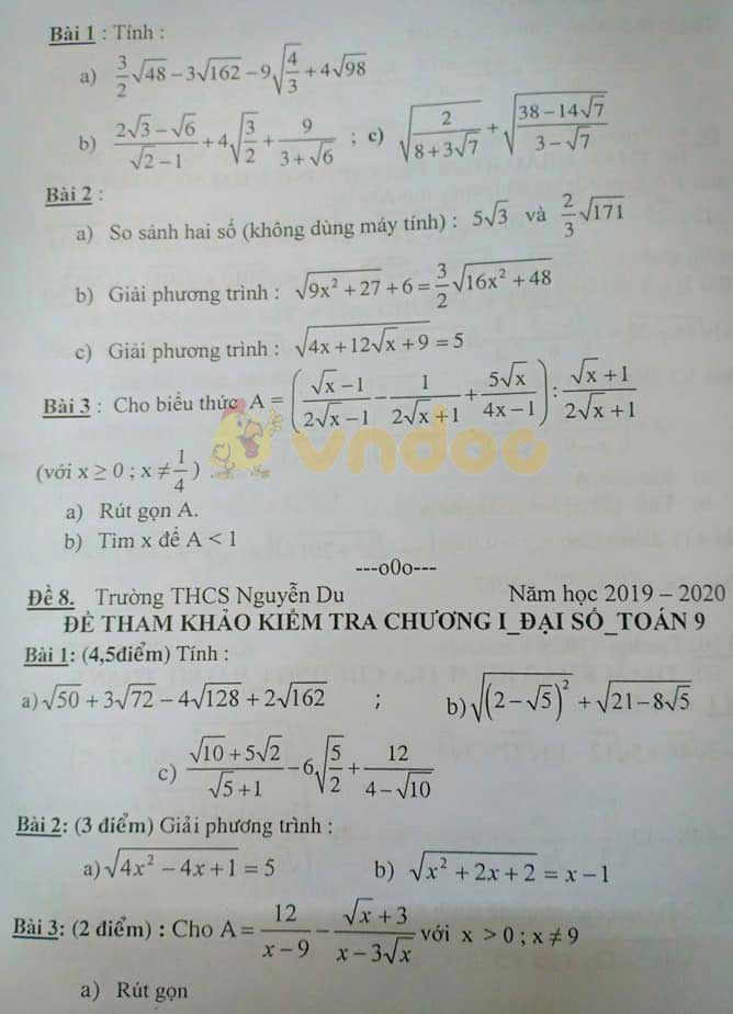 Đề kiểm tra 1 tiết môn Toán lớp 9 năm học 2019 - 2020