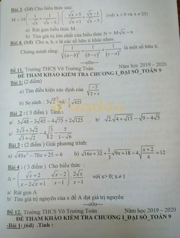 Đề kiểm tra 1 tiết môn Toán lớp 9 năm học 2019 - 2020