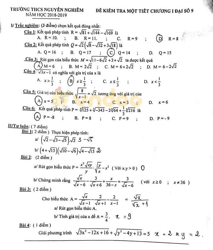 Đề kiểm tra 1 tiết môn Toán lớp 9 trường THCS Nguyễn Nghiêm năm học 2018 - 2019