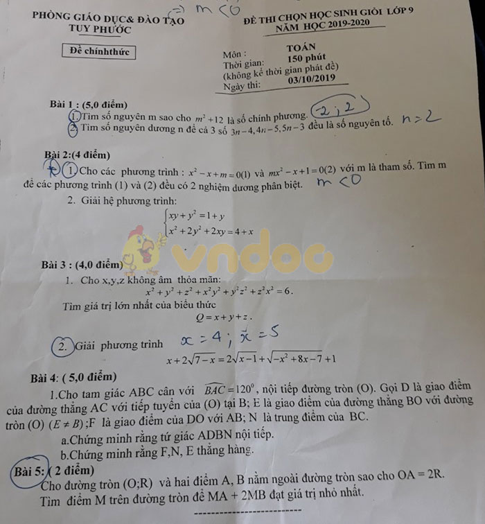 Đề thi chọn học sinh giỏi cấp tỉnh lớp 9 môn Toán Phòng GD&ĐT Tuy Phước, Bình Định năm học 2019 - 2020