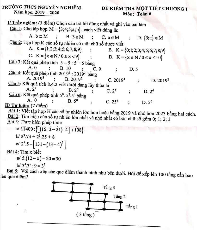 Đề kiểm tra 1 tiết Số học lớp 6