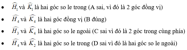 Trắc nghiệm: Các góc tạo bởi một đường thẳng cắt hai đường thẳng 