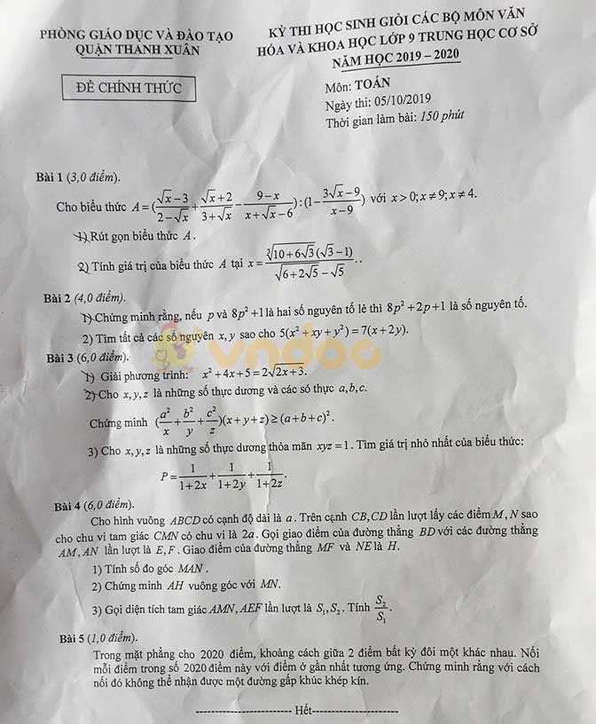 Đề thi chọn học sinh giỏi lớp 9 môn Toán Phòng GD&ĐT quận Thanh Xuân năm học 2019 - 2020