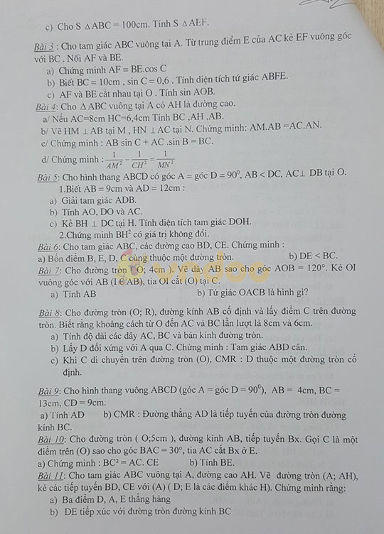 Đề cương ôn tập giữa học kì 1 lớp 9 môn Toán năm học 2019 - 2020