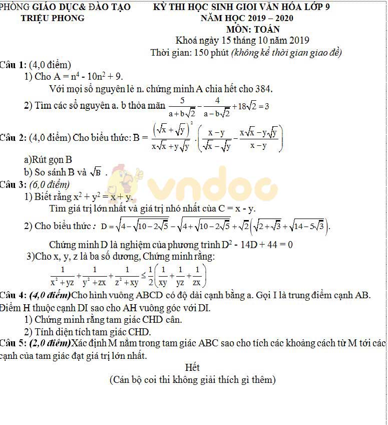 Đề thi chọn học sinh giỏi lớp 9 môn Toán Phòng GD&ĐT Triệu Phong, Quảng Trị năm học 2019 - 2020