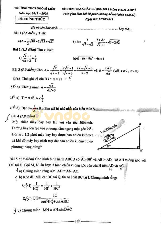 Đề kiểm tra chất lượng số 1 lớp 9 môn Toán trường THCS Ngô Sĩ Liên năm học 2019 - 2020