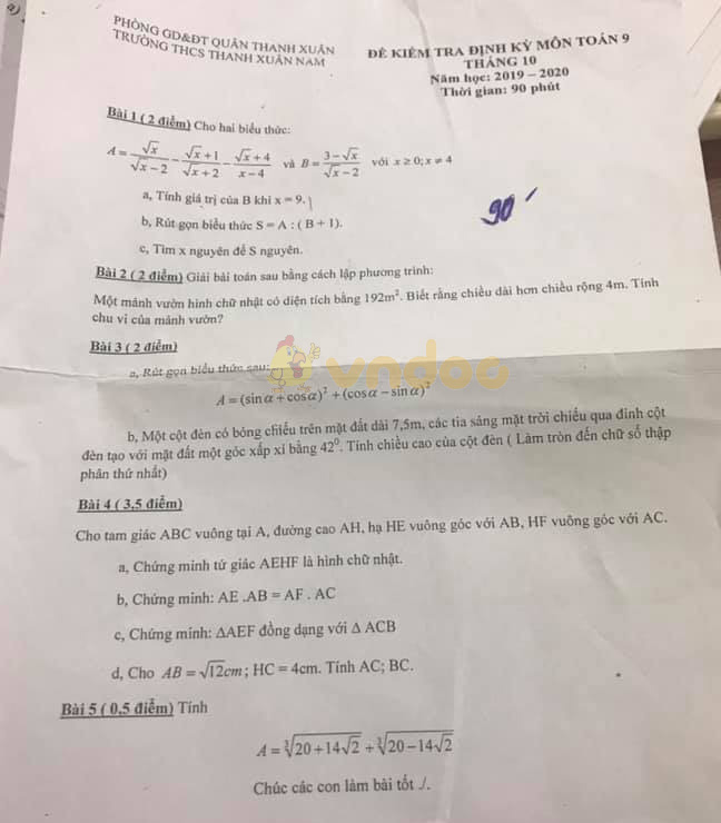 Đề kiểm tra định kỳ lớp 9 môn Toán trường THCS Thanh Xuân Nam, Thanh Xuân năm học 2019 - 2020