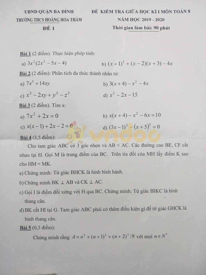 Đề thi giữa học kì 1 lớp 8 môn Toán trường THCS Hoàng Hoa Thám năm 2019 - 2020 (đề 1)