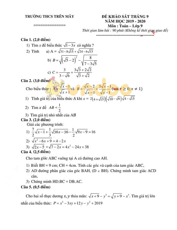 Đề thi KSCL lớp 9 môn Toán trường THCS Trên Mây năm học 2019 - 2020