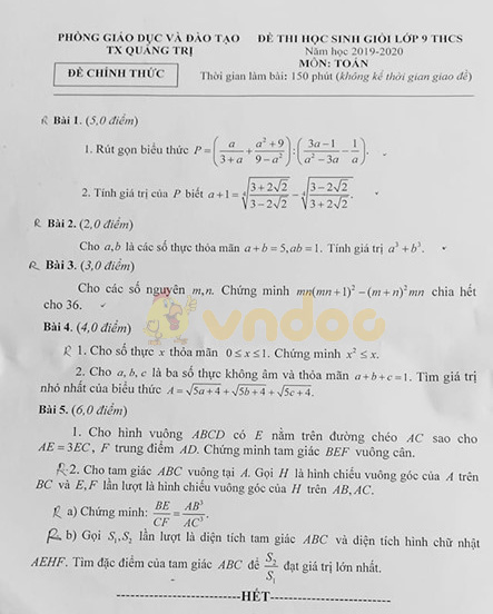 Đề thi chọn học sinh giỏi lớp 9 môn Toán Phòng GD&ĐT TX Quảng Trị năm học 2019 - 2020