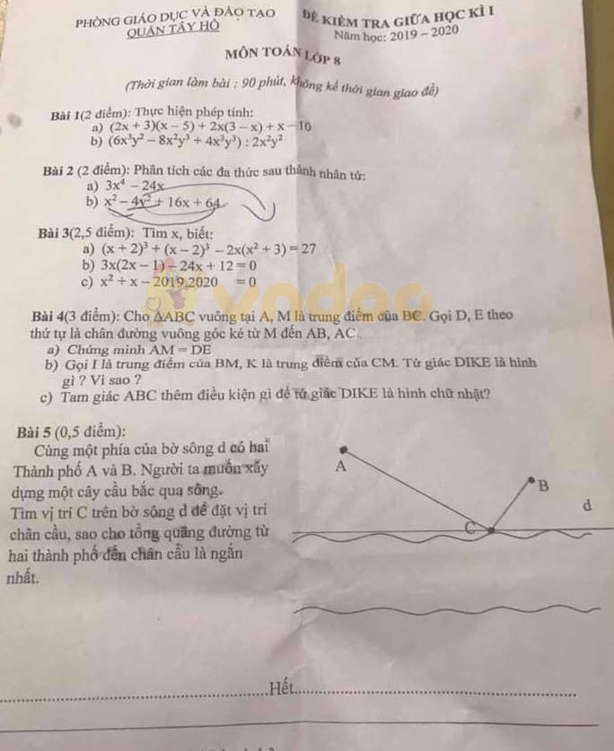 Đề thi giữa học kì 1 lớp 8 môn Toán Phòng GD&ĐT quận Tây Hồ năm học 2019 - 2020