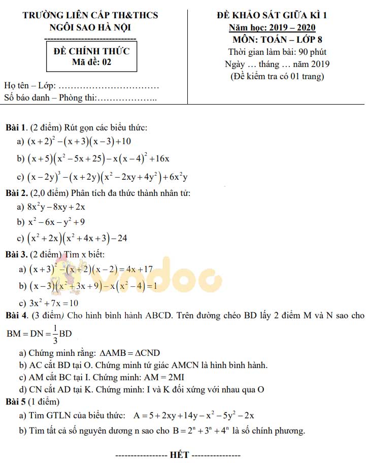 Đề thi giữa học kì 1 lớp 8 môn Toán Trường Liên Cấp TH&THCS Ngôi Sao Hà Nội năm học 2019 - 2020 (đề 2)