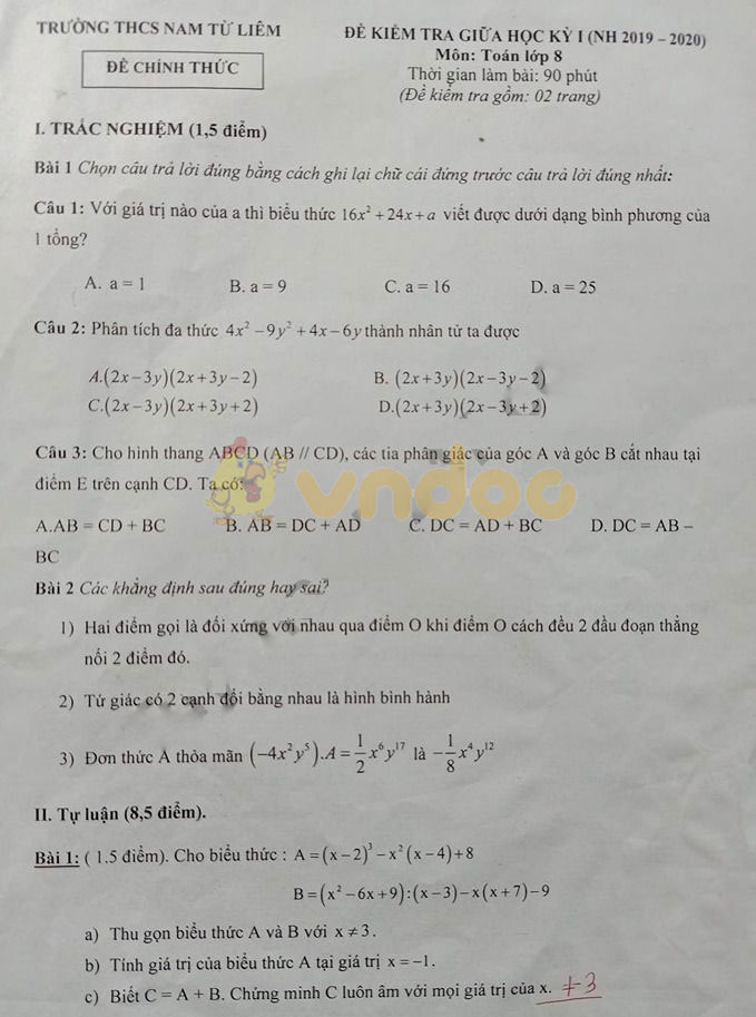 Đề thi giữa học kì 1 lớp 8 môn Toán trường THCS Nam Từ Liêm năm học 2019 - 2020