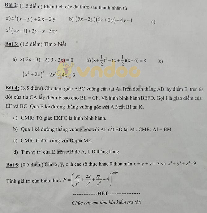 Đề thi giữa học kì 1 lớp 8 môn Toán trường THCS Nam Từ Liêm năm học 2019 - 2020