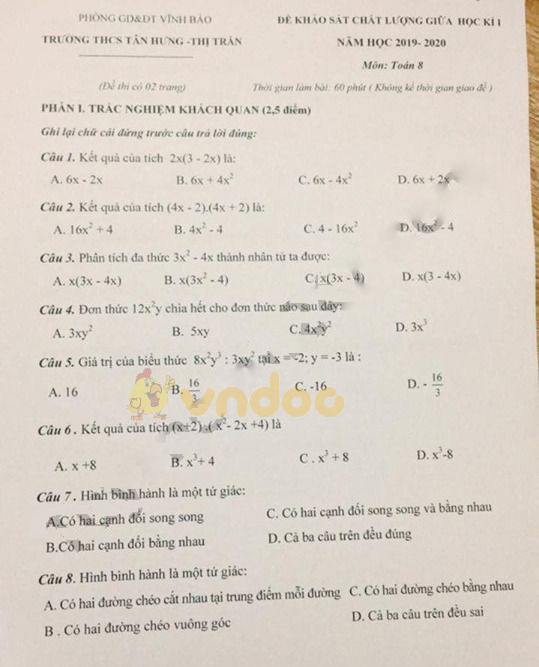 Đề thi giữa học kì 1 lớp 8 môn Toán Trường THCS Tân Hưng, Vĩnh Bảo năm học 2019 - 2020