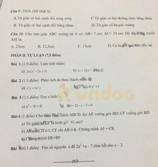 Đề thi giữa học kì 1 lớp 8 môn Toán Trường THCS Tân Hưng, Vĩnh Bảo năm học 2019 - 2020