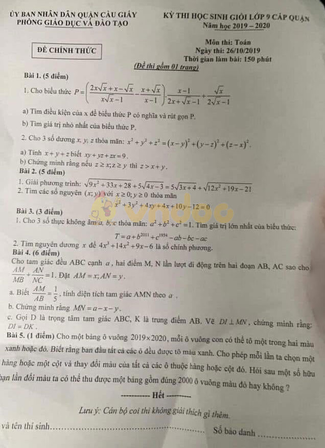 Đề thi giữa học kì 1 lớp 9 môn Toán Phòng GD&ĐT Đoan Hùng năm học 2019 - 2020