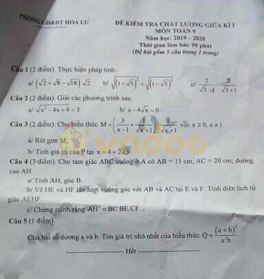Đề thi giữa học kì 1 lớp 9 môn Toán Phòng GD&ĐT Hoa Lư năm học 2019 - 2020