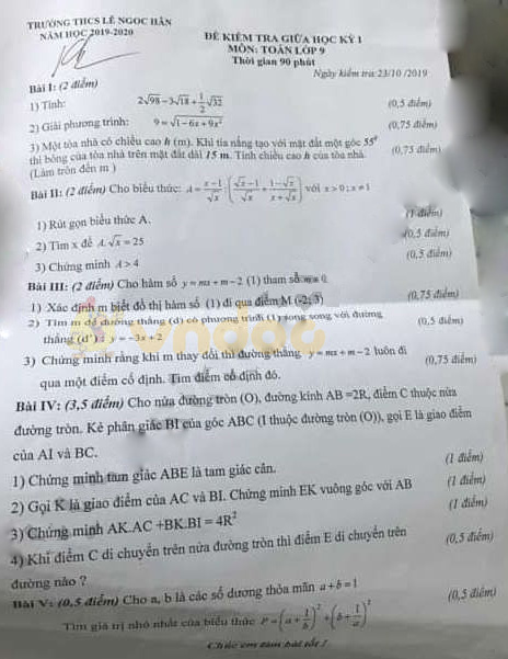 Đề thi giữa học kì 1 lớp 9 môn Toán Trường THCS Lê Ngọc Hân năm học 2019 - 2020