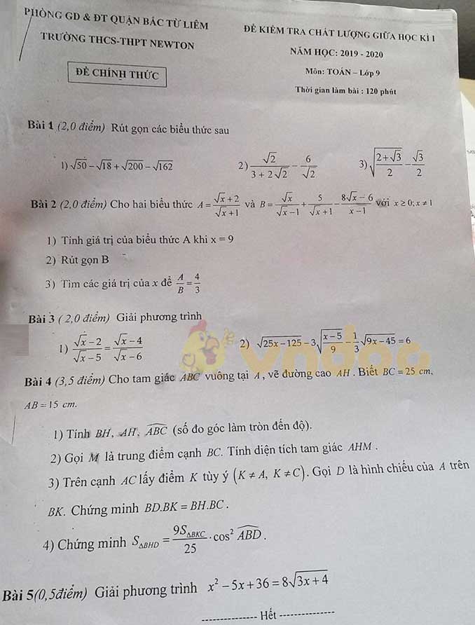Đề thi giữa học kì 1 lớp 9 môn Toán Trường THCS - THPT Newton năm học 2019 - 2020