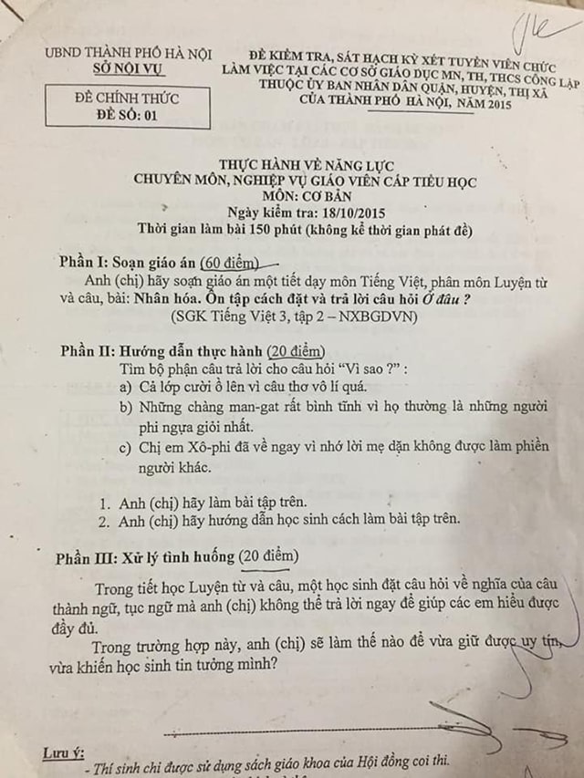 Đề thi thực hành năng lực nghiệp vụ giáo viên tiểu học